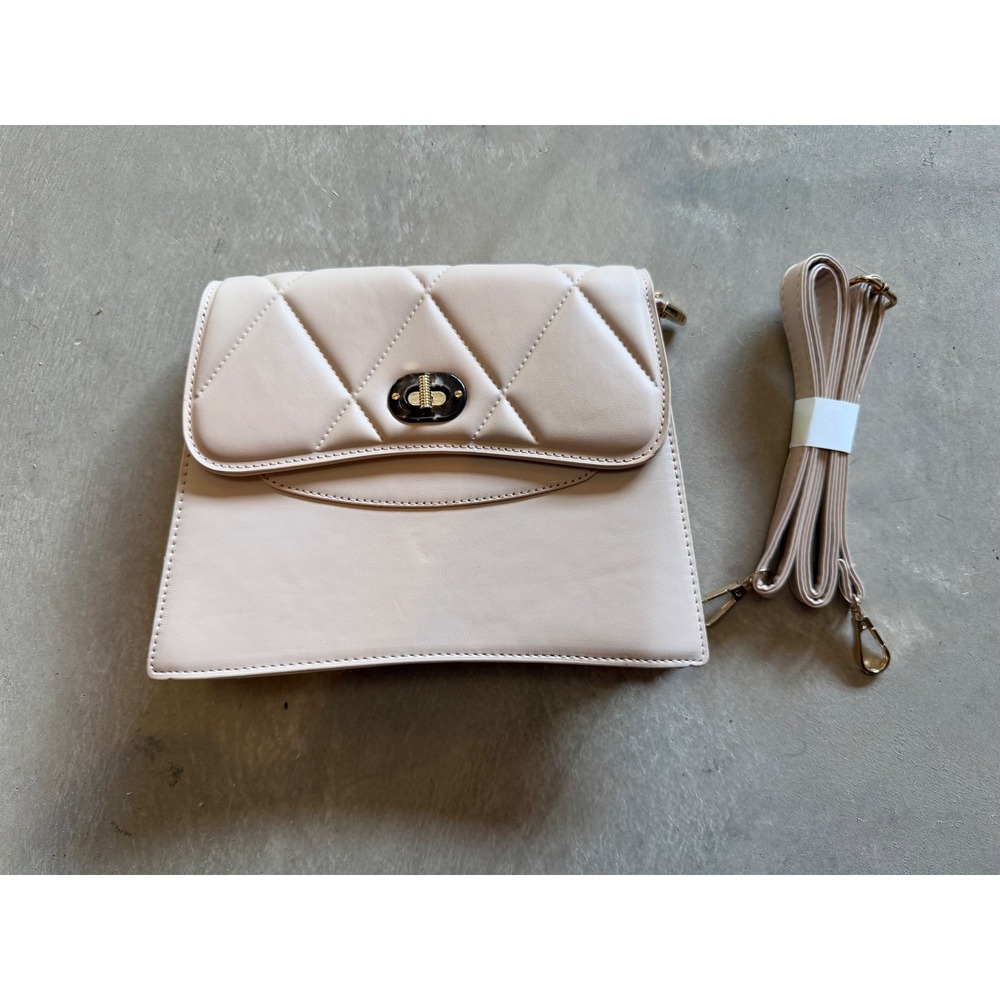 Quilted Beige Crossbody Bag Tortoiseshell Turn Lock‎ Gold Hardware Vegan Leather